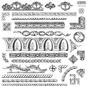 May include: A collection of black and white line art illustrations featuring various decorative architectural borders, corner pieces, and floral motifs. The set includes rope patterns, repeating flower designs, and scrollwork labeled Adornment.
