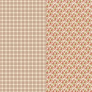 May include: Two patterned paper designs. The left side features a tan and brown plaid pattern. The right side displays a cream-colored background with a repeating pattern of small red flowers and green leaves.