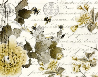 May include: A vintage-style illustration featuring a floral design with bees and leaves in shades of gray and yellow. The background is a white paper with handwritten text in French.