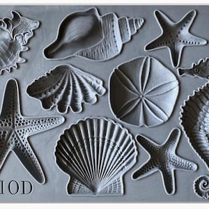 May include: A gray silicone mold featuring various marine life designs including two seahorses, three starfish, a sand dollar, and several types of seashells. The letters IOD are embossed in the bottom left corner of the rectangular mold.