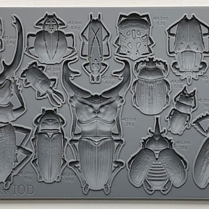 May include: A rectangular gray silicone mold featuring various beetle and insect shapes in relief. Each cavity includes embossed text indicating specific volume in ml and weight in g. The bottom left corner features the embossed text SPECIMENS IOD.