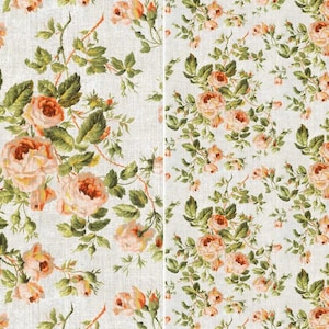 May include: A seamless pattern featuring delicate pink roses and green leaves on a white linen background.