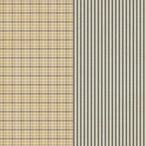 May include: A fabric swatch with a beige and brown plaid pattern on the left side and a beige and black striped pattern on the right side.