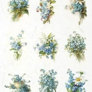 May include: Nine vintage style floral illustrations of forget-me-not flowers in shades of blue and white. The flowers are arranged in bouquets and wreaths, with some featuring delicate green leaves.