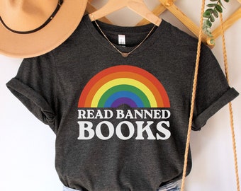 Verbotene Bücher TShirt, lesen verbotene Bücher Shirt, Lese Shirt, Bibliothekar Shirt, Geschenk für Buchliebhaber, Retro Regenbogen Shirt, LGBTQ Shirt