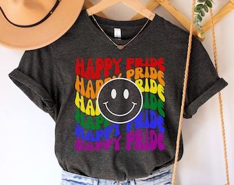 Pride-shirt, Pride-outfit, LGBT-T-shirt, LGBT-shirt, retro smiley Happy Pride T-shirt, shirt bondgenoot, shirt lesbisch, Pride Gift, shirt Pride Teacher