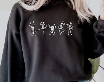 Dansend skelet sweatshirt met ronde hals, retro Halloween-skelettrui, herfstshirt met ronde hals, vintage skeletdansshirt