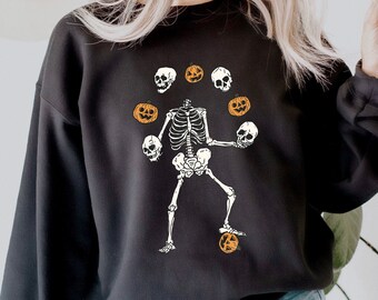 Halloween Skeleton Sweatshirt, Funny Skeleton Crewneck, Juggling Skeleton Sweater, Halloween Apparel, Jack O Lantern Shirt