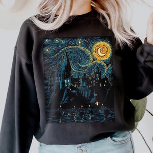 Hp Inspired Starry Night Crewneck Sweatshirt, Van Gogh Shirt, Wizard Castle Magic School, Vincent Van Gogh Gift, Pottery Gifts