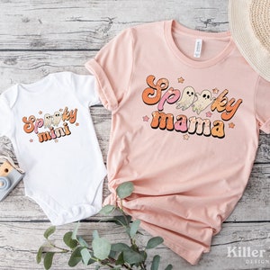 Magliette Spooky Mama e Spooky Mini, maglietta di Halloween per mamma e me, outfit mamma e bambino, outfit coordinati, vestiti di Halloween per neonati, regalo per baby shower