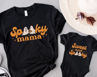 Gruselige Mama und gruseliges Mini-Shirt, Retro-Halloween-Mama und ich-Shirt, Passende Mama und Mini-Shirts, Mutter-Baby-Outfit, Geister-Baby-Outfit