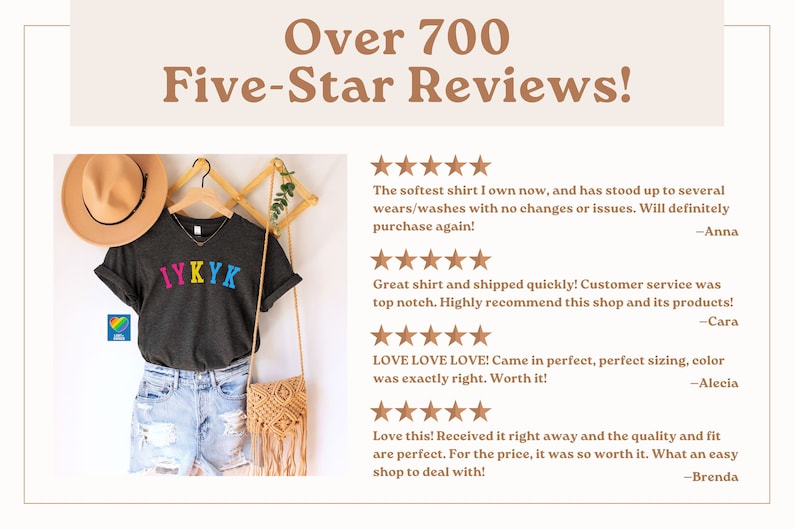 May include: A dark gray t-shirt with the text "IYKYK" in rainbow colors. The shirt is on a hanger and has a brown hat and a woven bag next to it. The image includes customer reviews with five-star ratings and positive comments about the shirt.
