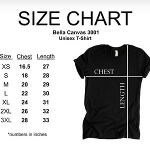 Puede incluir: Tabla de tallas para una camiseta unisex Bella Canvas 3001, que muestra las medidas de pecho y largo en pulgadas para las tallas XS a 3XL.