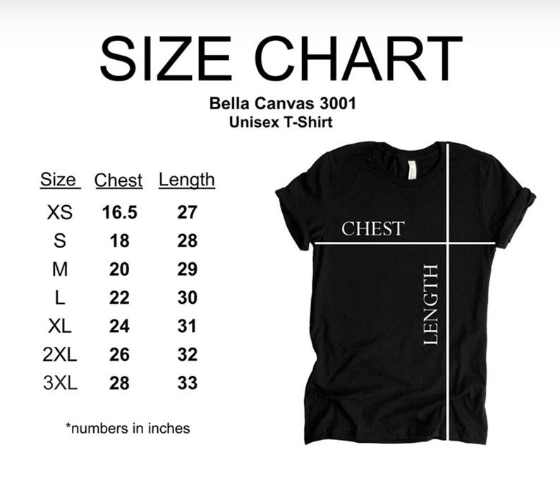 Puede incluir: Tabla de tallas para una camiseta unisex Bella Canvas 3001, que muestra las medidas de pecho y largo en pulgadas para las tallas XS a 3XL.