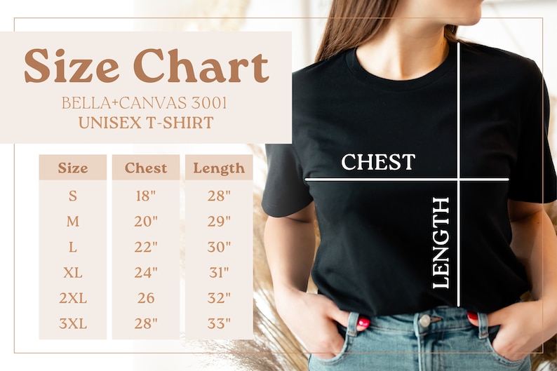 May include: Size chart for a unisex t-shirt, showing chest and length measurements in inches for sizes S, M, L, XL, 2XL, and 3XL. The chart is on a beige background with a model wearing a black t-shirt.