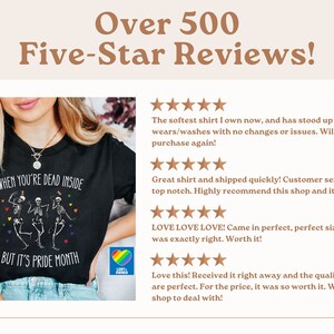 May include: A black t-shirt with the text "When you're dead inside but it's pride month" and a graphic of three skeletons dancing. The skeletons are wearing rainbow party hats and holding rainbow flags. The shirt is being worn by a person with long blonde hair. The shirt has over 500 five-star reviews.