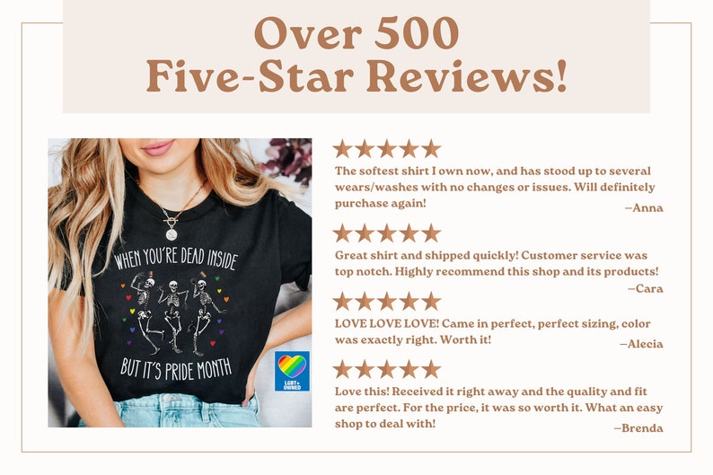 May include: A black t-shirt with the text "When you're dead inside but it's pride month" and a graphic of three skeletons dancing. The skeletons are wearing rainbow party hats and holding rainbow flags. The shirt is being worn by a person with long blonde hair. The shirt has over 500 five-star reviews.