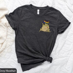 May include: Dark grey heather t-shirt with a cartoon frog wearing a rainbow pride flag. The frog is holding a small red heart.