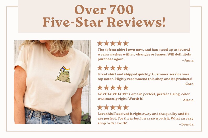 May include: A close-up of a white t-shirt with a frog wearing a rainbow flag on its head. The shirt has over 700 five-star reviews. The reviews highlight the soft fabric, quick shipping, and excellent customer service.