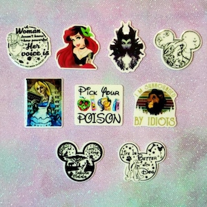 May include: Nine colorful stickers featuring Disney characters and quotes. The stickers include Ariel, Maleficent, Mickey Mouse, Alice in Wonderland, Simba, and more. The stickers are perfect for adding a touch of Disney magic to your laptop, water bottle, or planner.