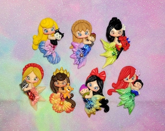 Princess badge holders/ needle minders Mermaid Ariel, Belle, Snow, Merida, Mulan, Aurora, Anna, Red