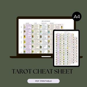 May include: A digital tarot cheat sheet displayed on a laptop and tablet. The cheat sheet includes the words "Reverse" and "Tarot Cheat Sheet" with a "PDF Printable" button. The background is a muted green.