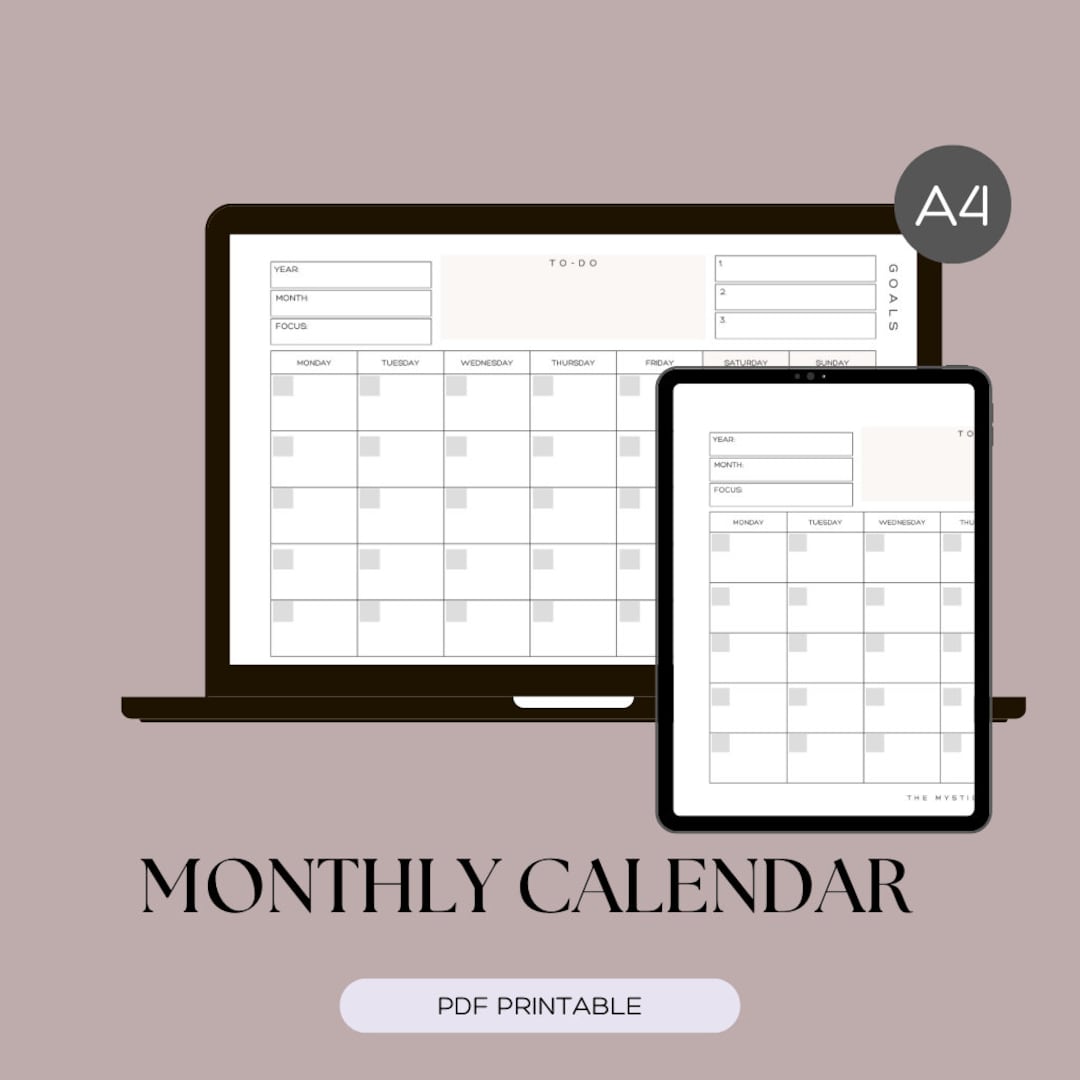 Month Calendar Printable | PDF | A4 - Etsy