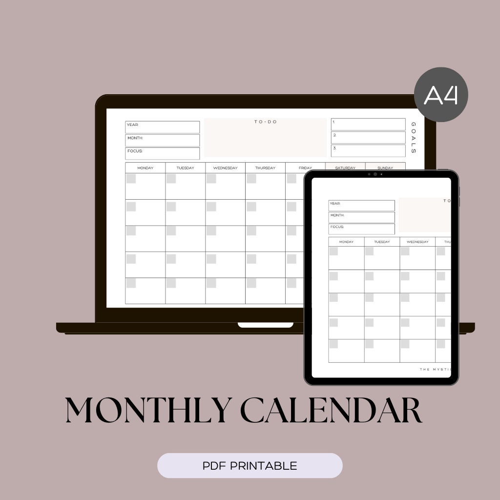 Month Calendar Printable PDF A4 - Etsy