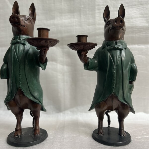 MAITLAND SMITH Pair of Bronze Butler Pigs 16" Tall Candlestick Holder Sculpture