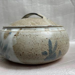 May include: A ceramic lidded jar with a speckled, beige finish. The jar features a rounded shape with a lid and a small handle. Blue floral designs are painted on the side. The jar is suitable for storing dry goods.