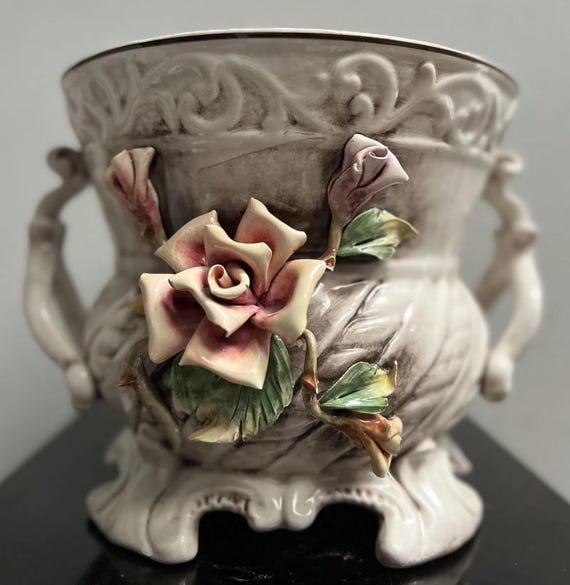 Vintage Large Italian Capodimonte Ceramin Flower Double Handle Urn