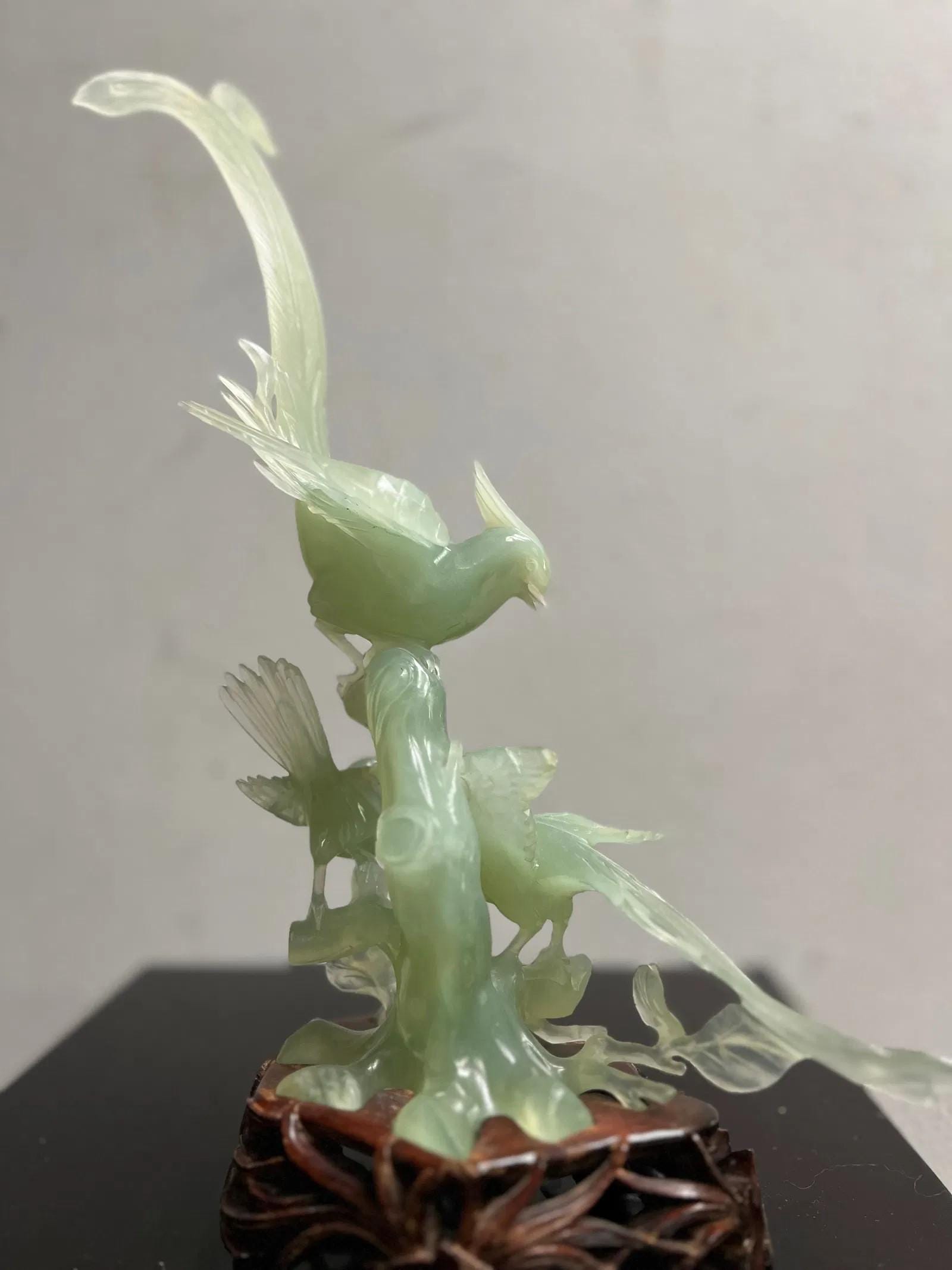 Stunning Chinese Hand Carved Green Jade Birds on a Branch on Wood Base ...
