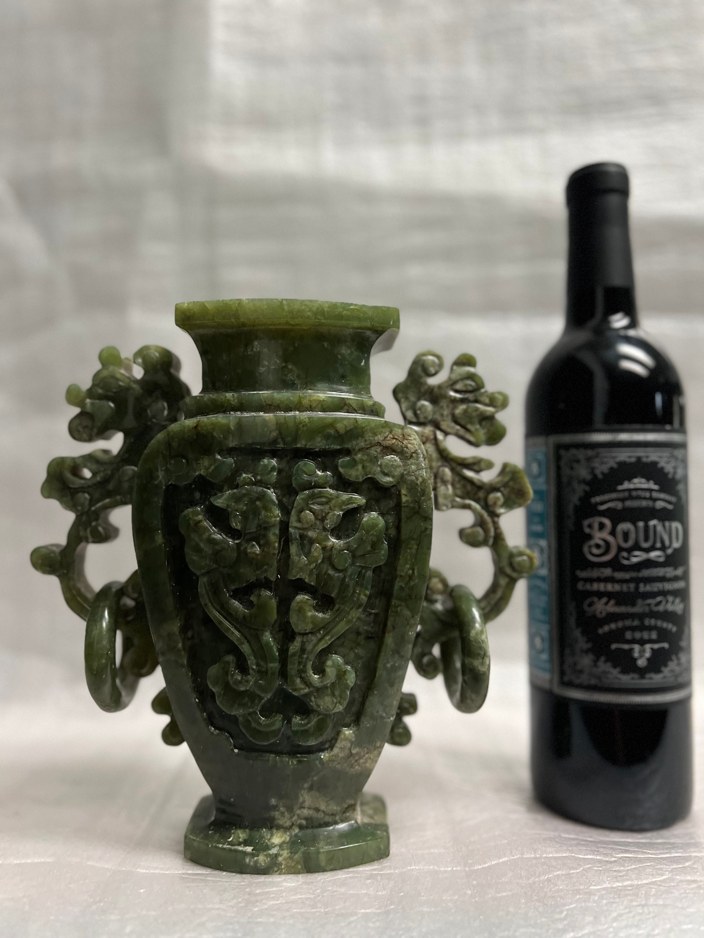 Antique Chinese Hand Carved Spinach Jade Vase, With Side Handles W
