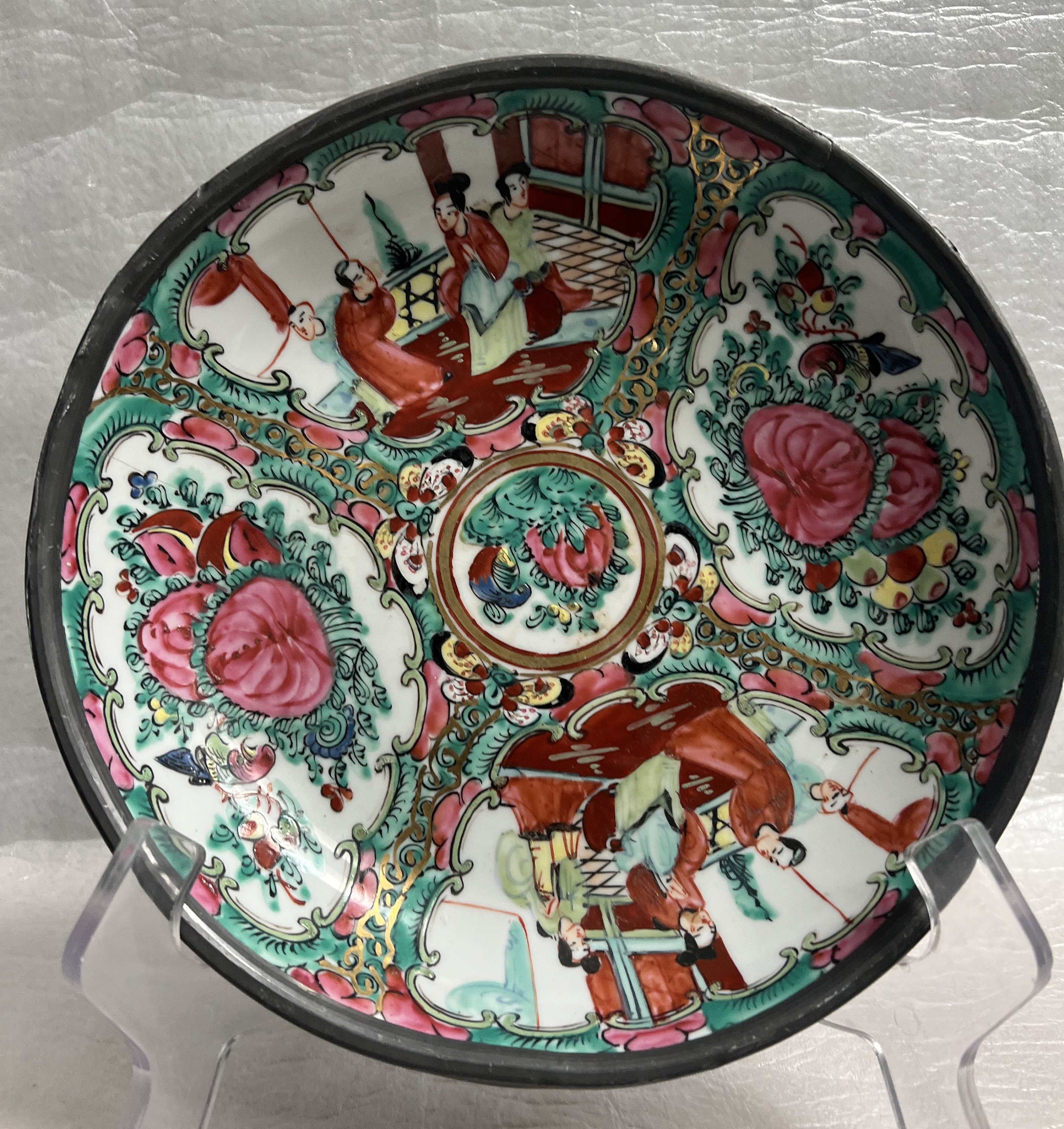Vintage Japanese Porcelain & Pewer Hand Painted Famille Rose Medallion Plate