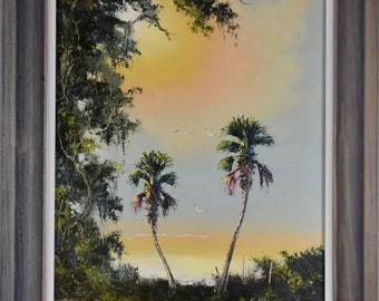 SAM NEWTON (1948-oggi) Originale Florida Highwaymen, Sunset Everglades, 20&quot; x 16&quot;