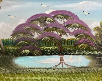 AL BLACK Florida Highwaymen &quot;jacaranda tree&quot; Florida Hall of Fame Rare oil on Canvas