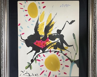 Pablo Picasso HAND-SIGNED "Taureaux sur les Branches" Lithograph in Purple Crayon (1951/52) - Museum Glass Frame