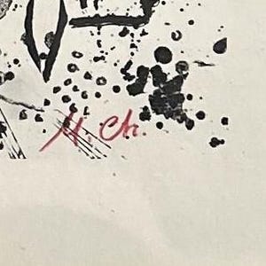 May include: Abstract artwork with black ink splatters and brushstrokes on a white background. A red signature is visible in the lower right corner. The artwork has a modern, expressive style.