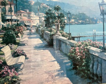 4-57　BEHRENS　絵画　ホワード・ベーレンス　サイン入り Howard Behrens Clouds Over the Harbor Original Oil Painting on