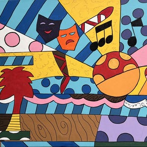 Może przedstawiać: Kolorowy obraz abstrakcyjny z różnymi kształtami i wzorami. Obraz przedstawia dom z różowym dachem, palmy, nuty muzyczne, paletę farb i marakasy. Obraz jest wykonany w jasnym i zabawnym stylu.