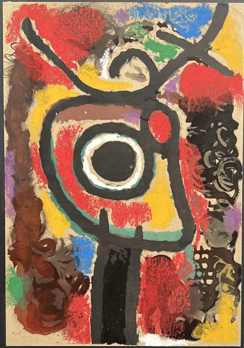 May include: Abstract painting with bold black lines and shapes on a beige background. The painting features a large, circular shape with a black center and a white ring, surrounded by red, yellow, green, and blue paint.