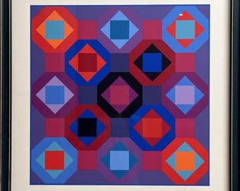 May include: A geometric abstract art print with a purple background and a pattern of overlapping squares and octagons in shades of red, blue, orange, and black.