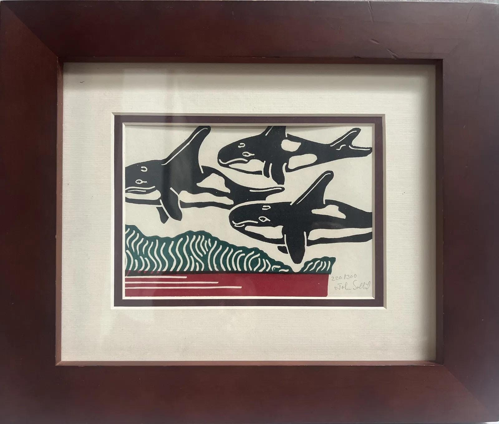ジョン・ソリッド 額入り木版画「3 匹のイルカ」 直筆サイン入り、番号