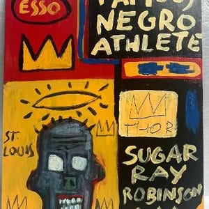 May include: Abstract painting with bold colors and text. The artwork features the word "ESSO" in a red rectangle, "FAMOUS NEGRO ATHLETE" on a black background, and "SUGAR RAY ROBINSON" with arrows. A gray skull is also depicted.