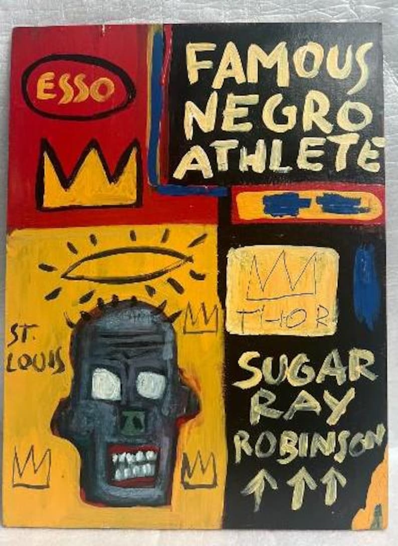 May include: Abstract painting with bold colors and text. The artwork features the word "ESSO" in a red rectangle, "FAMOUS NEGRO ATHLETE" on a black background, and "SUGAR RAY ROBINSON" with arrows. A gray skull is also depicted.