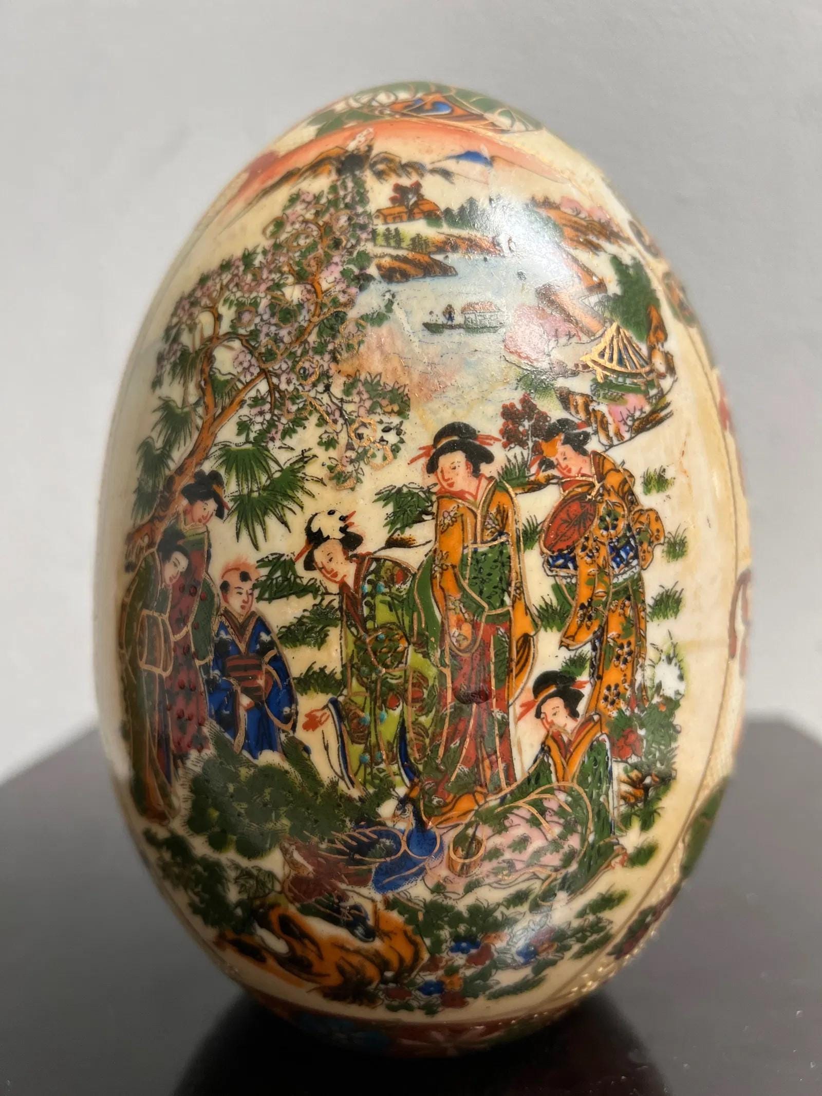 Vintage Satsuma Japanese Porcelain Egg Hand Painted Moriage 7 Inch