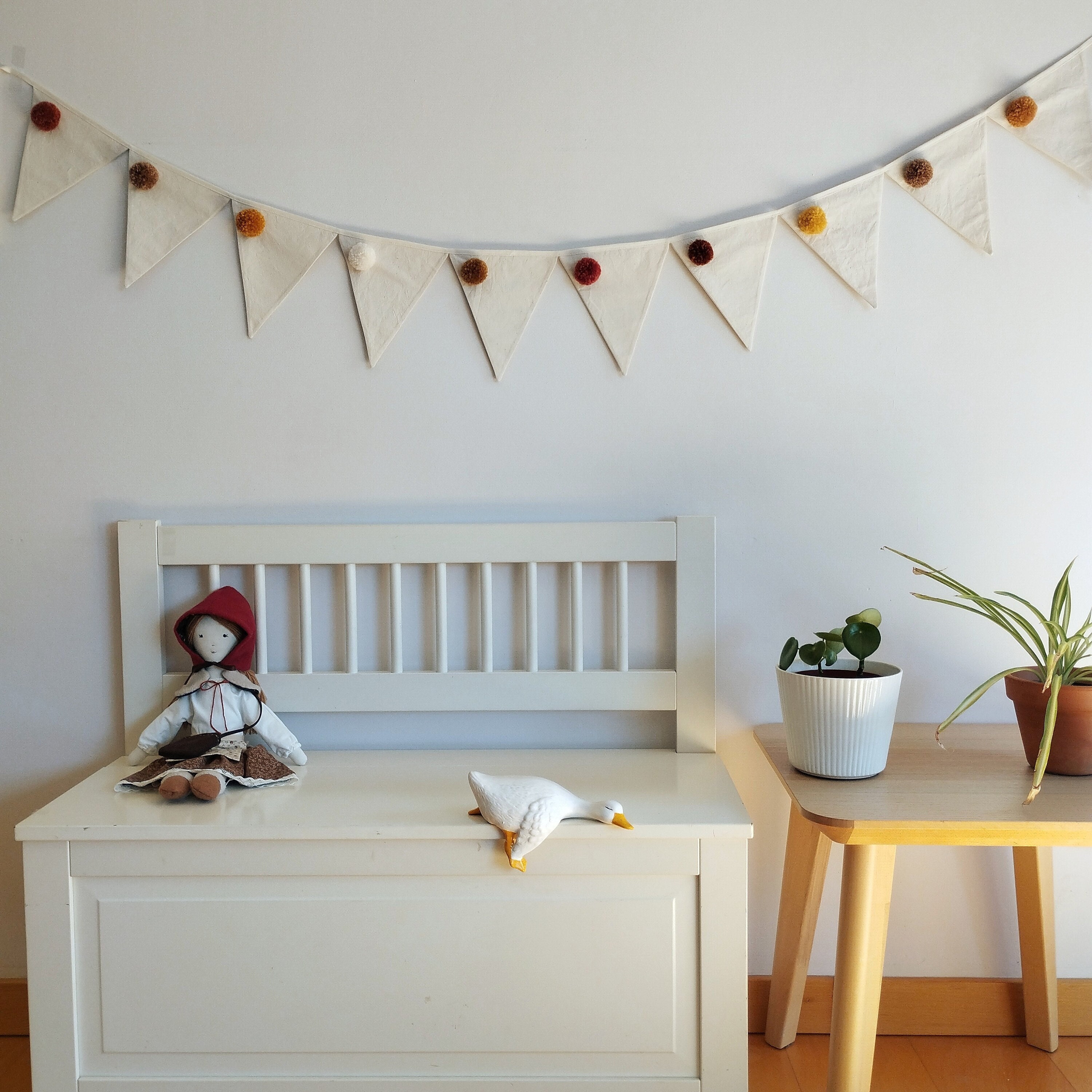 Cotton neutral bunting banner - Flag bunting - Fabric flag garland - Wall decor - Nursery decor - Handmade - One of a kind - Pompom - Cozy