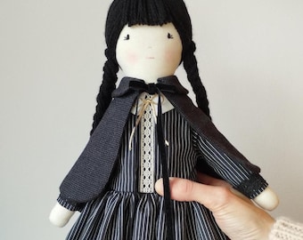 Wednesday inspired doll, fabric soft toy, vintage heirloom handmade doll, removable dark black clothes, dress, braids, Addams family girl
