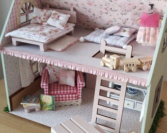 Handmade dollhouse. Furniture, textiles, crockery, miniature toys and dolls included. Perfecte gift. Tiny dollhouse. Beautiful dollhouse.