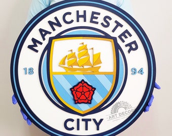 Manchester City Football Club Logo 3D Wooden Sign, Medallion Sports Sign for Man Cave, Home Decoration, Sports Fan Gift